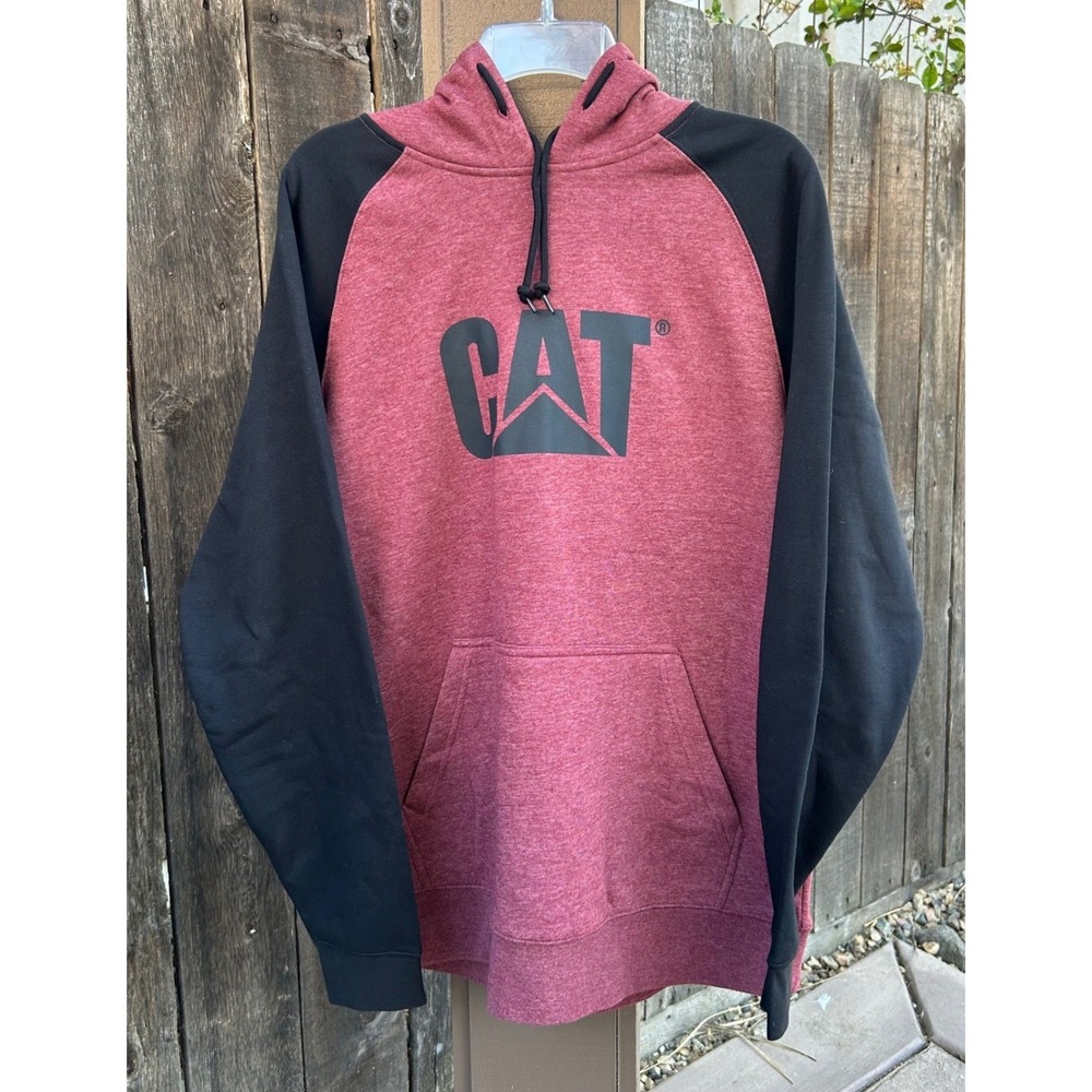 CAT Caterpillar Mens Large Hoodie Burgundy Black Colorblock Workwear NWT
